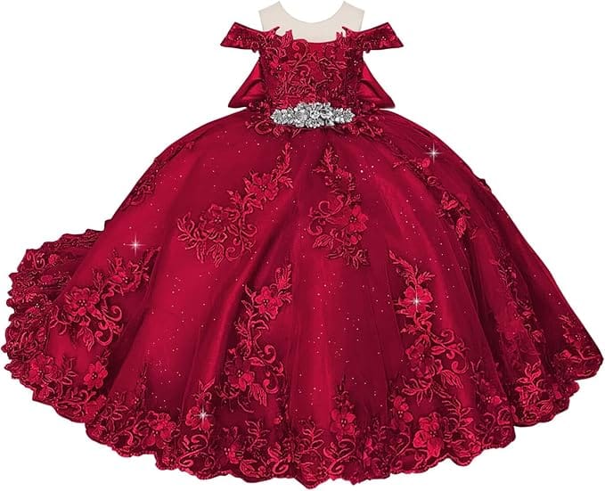 18m / Burgundy Sunnypetal Off-Shoulder Lace Appliques Tulle Flower Ball Gown Dresses with Bow