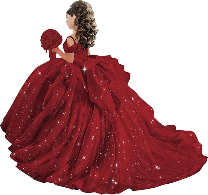 18m / Burgundy Sunnypetal Off-Shoulder Sweetheart Glitter Tulle Flower Girl Dress with Pearls Bow