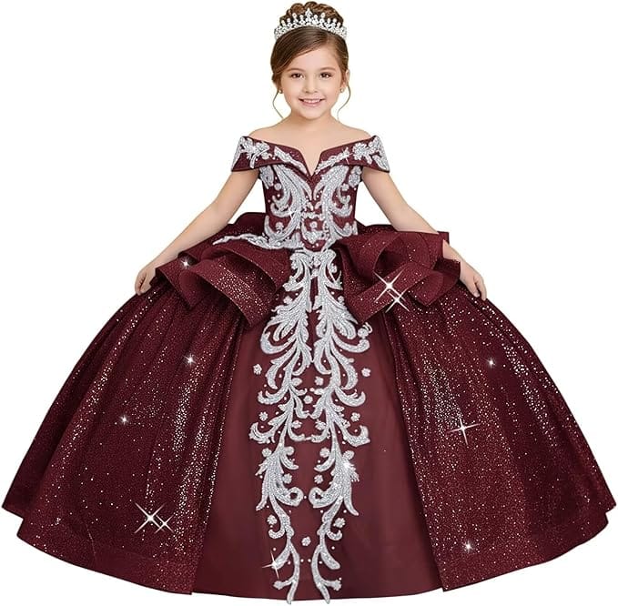 18m / Burgundy Sunnypetal Off-the-Shoulder Glitter Princess Flower Girl Dress with Lace Appliqués