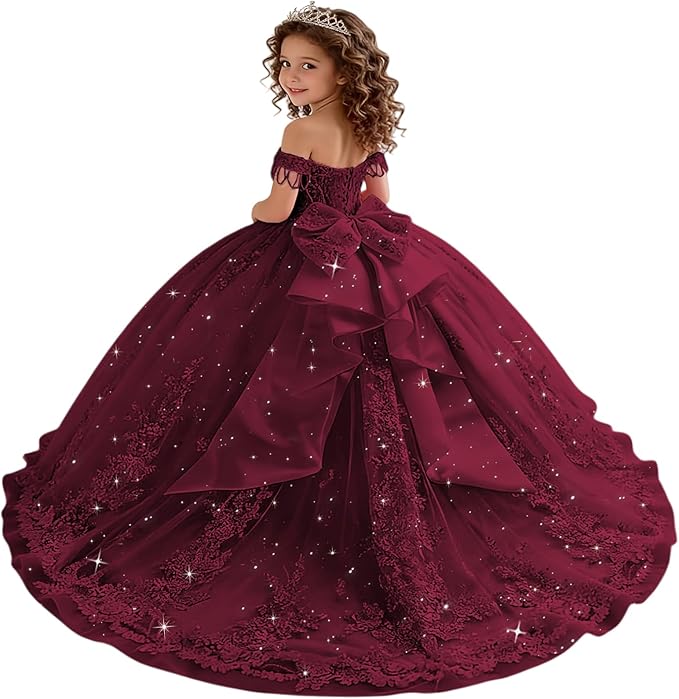 18m / Burgundy Sunnypetal Princess Off-the-Shoulder Lace Appliqué Tulle Ball Gown Flower Girl Dress with Bow
