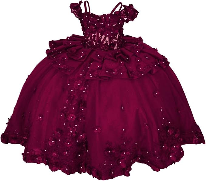 18m / Burgundy Sunnypetal Royal Blue 3D Floral Lace-Up Tulle Ball Gown Flower Girl Dress with Bows
