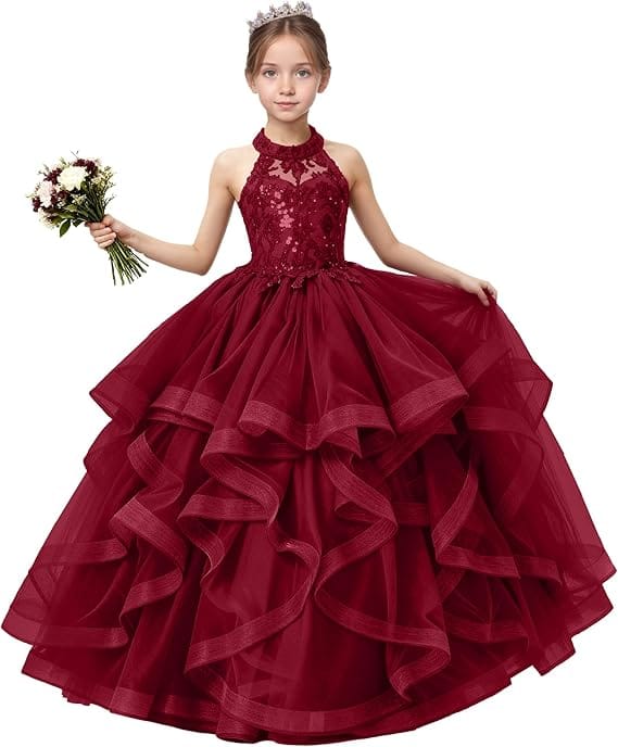 18m / Burgundy Sunnypetal Sequined Lace Appliqué Tiered Tulle Flower Girl Ball Gown with Halter Neck