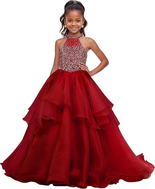 18m / Burgundy Sunnypetal Sparkling High Neck Ball Gown Flower Girl Dress with Beaded Bodice