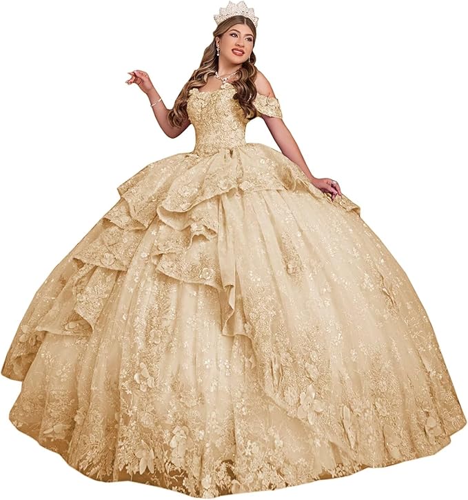 18m / Champagne Sunnypetal Dreamy 3D Floral Tulle Ball Gown for Flower Girl or Pageant Party