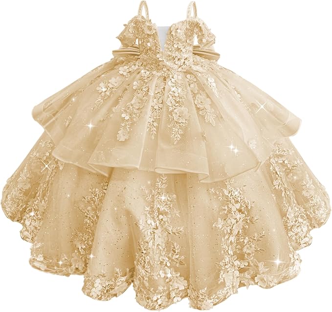 18m / Champagne Sunnypetal Elegant Pink Off-the-Shoulder Tulle Flower Girl Dress with 3D Floral Appliqués