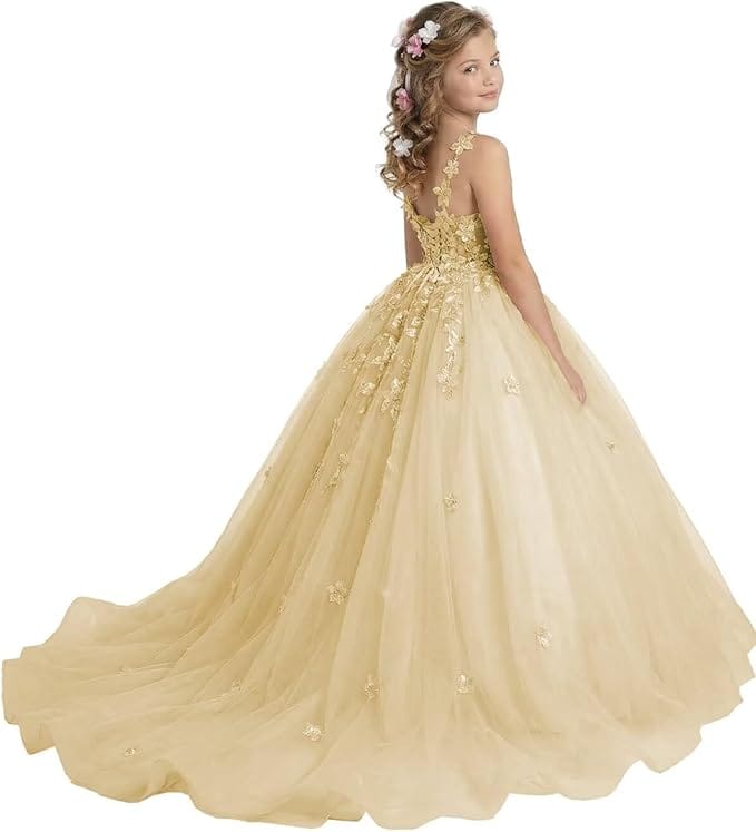 18m / Champagne Sunnypetal Enchanted Blush Floral Lace Ball Gown Flower Girl Dress for Special Occasions