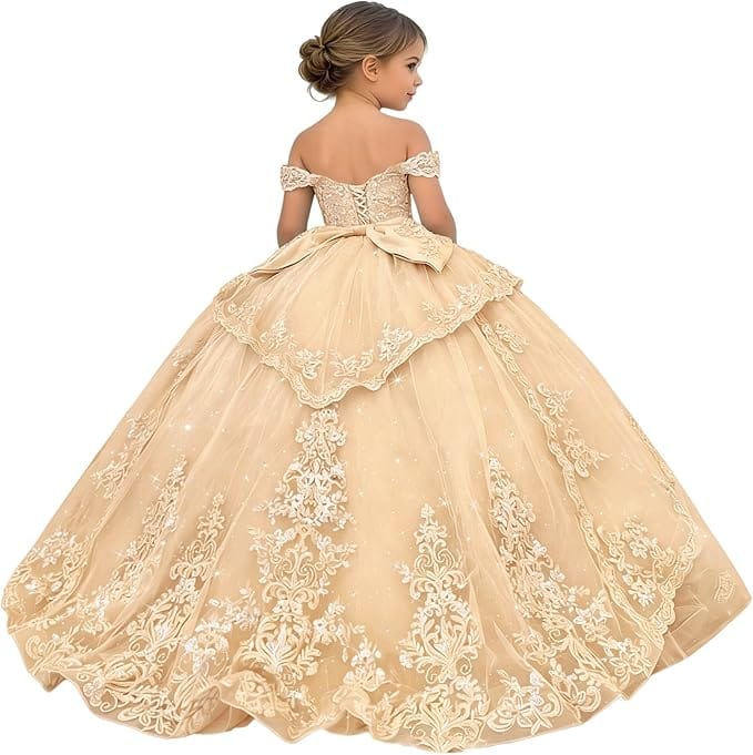 18m / Champagne Sunnypetal Glitter Layered Tulle Ball Gown Flower Girl Dress with Lace Appliqué and Bow