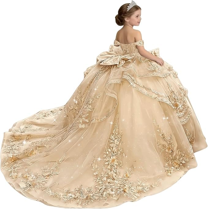 18m / Champagne Sunnypetal Glitter Layered Tulle Off-Shoulder Girls Pageant Ball Gown with Dramatic Train &amp; Bow