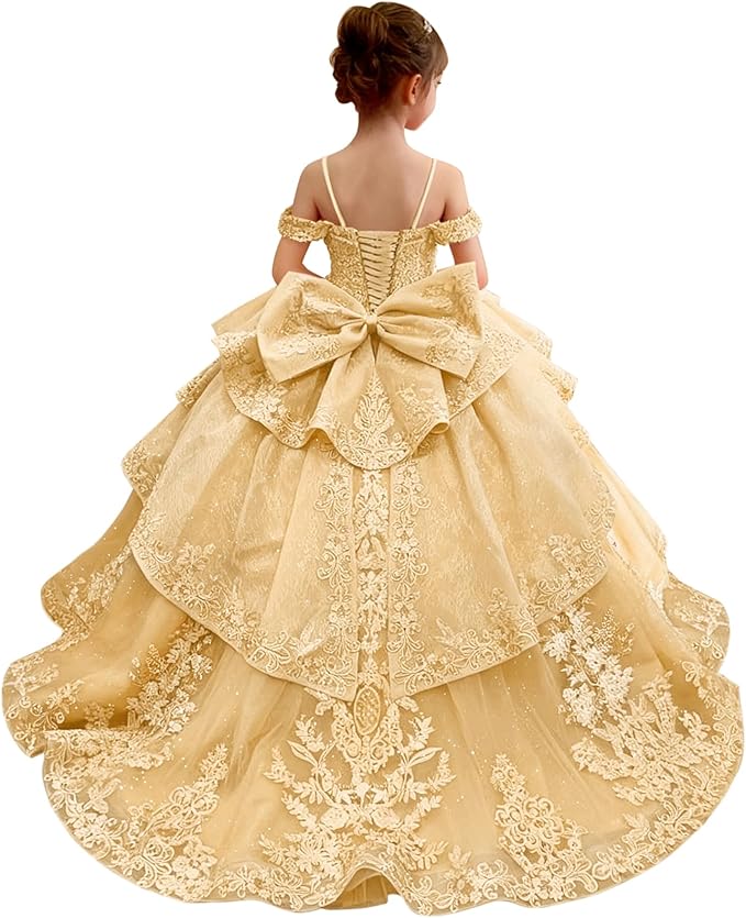 18m / Champagne Sunnypetal Lace Appliqué Layered Tulle Ball Gown Flower Girl Pageant Dress with Bow