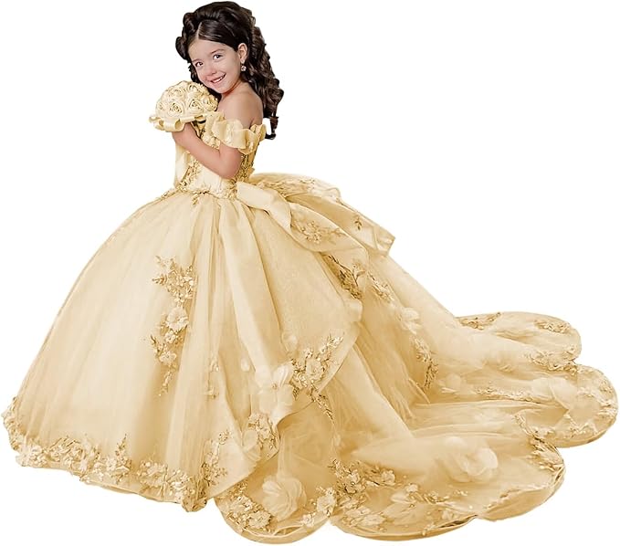 18m / Champagne Sunnypetal Layered Tulle Off-Shoulder Flower Girl Pageant Dress with 3D Floral