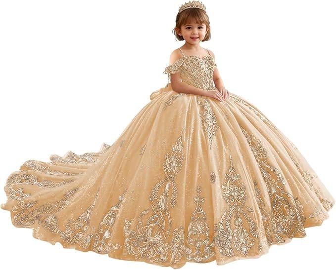 18m / Champagne Sunnypetal Luxury Red Gold Embroidery Tulle Ball Gown Flower Girl Dress with Bow