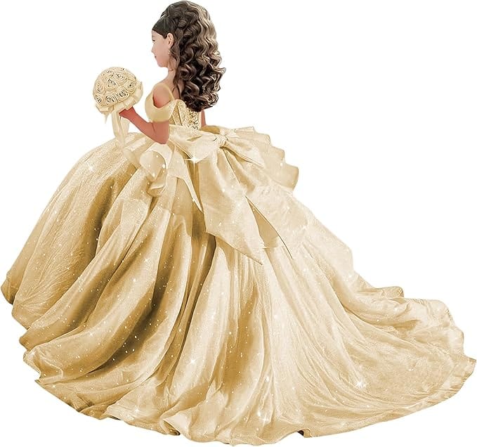 18m / Champagne Sunnypetal Off-Shoulder Sweetheart Glitter Tulle Flower Girl Dress with Pearls Bow