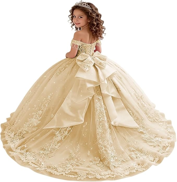 18m / Champagne Sunnypetal Princess Off-the-Shoulder Lace Appliqué Tulle Ball Gown Flower Girl Dress with Bow