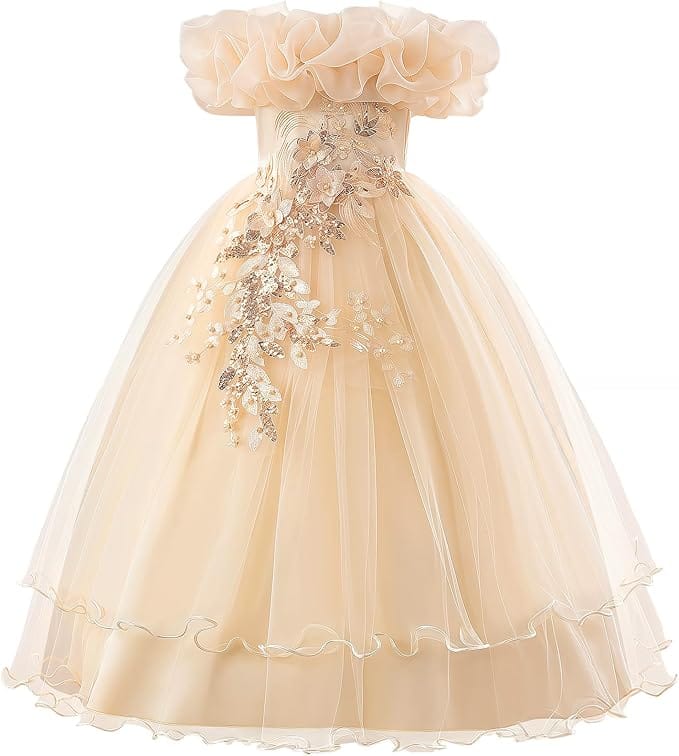 18m / Champagne Sunnypetal Romantic Off-the-Shoulder Tulle Flower Girl Dress with Floral Appliqués