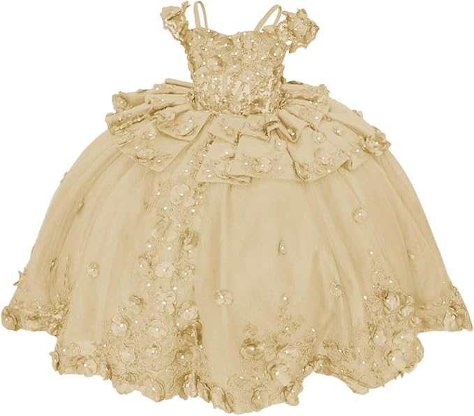 18m / Champagne Sunnypetal Royal Blue 3D Floral Lace-Up Tulle Ball Gown Flower Girl Dress with Bows