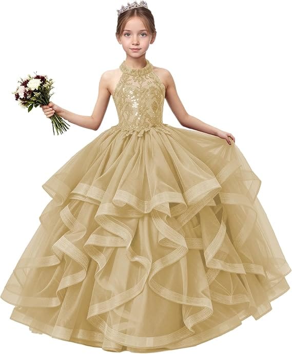 18m / Champagne Sunnypetal Sequined Lace Appliqué Tiered Tulle Flower Girl Ball Gown with Halter Neck