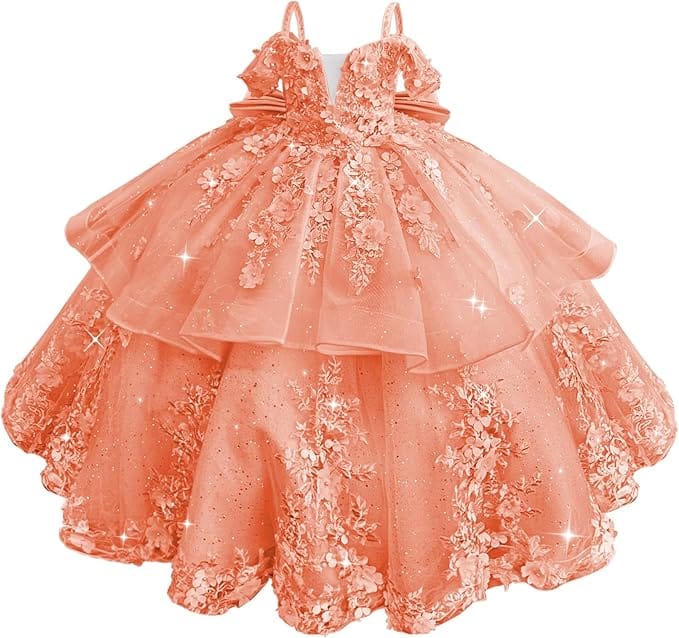 18m / Coral Sunnypetal Elegant Pink Off-the-Shoulder Tulle Flower Girl Dress with 3D Floral Appliqués