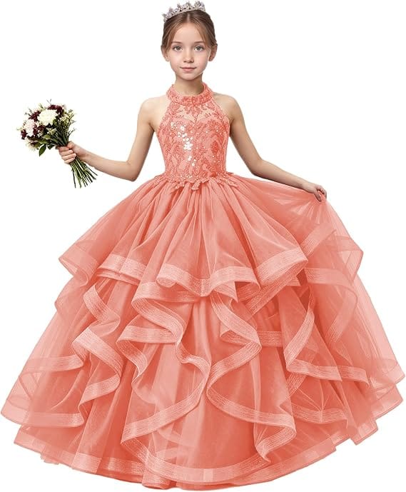 18m / Coral Sunnypetal Sequined Lace Appliqué Tiered Tulle Flower Girl Ball Gown with Halter Neck