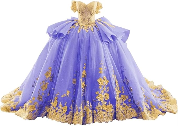18m / Dark Lavender Sunnypetal Blue & Pink Off-Shoulder Flower Girl Ball Gown with 3D Floral Appliques