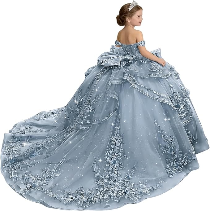 18m / Dusty Blue Sunnypetal Glitter Layered Tulle Off-Shoulder Girls Pageant Ball Gown with Dramatic Train &amp; Bow
