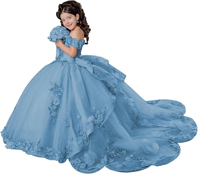18m / Dusty Blue Sunnypetal Layered Tulle Off-Shoulder Flower Girl Pageant Dress with 3D Floral