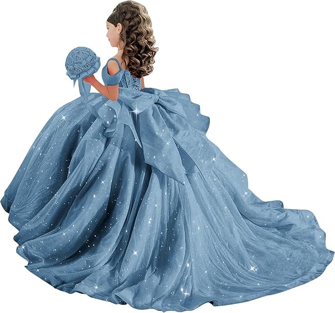 18m / Dusty Blue Sunnypetal Off-Shoulder Sweetheart Glitter Tulle Flower Girl Dress with Pearls Bow