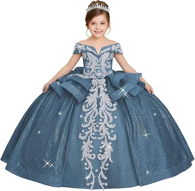 18m / Dusty Blue Sunnypetal Off-the-Shoulder Glitter Princess Flower Girl Dress with Lace Appliqués