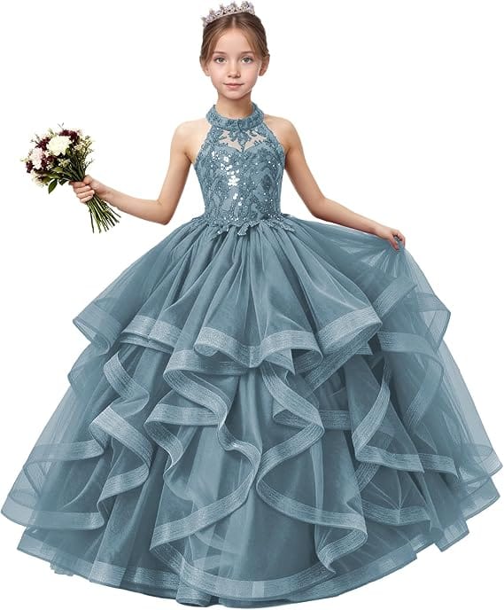 18m / Dusty Blue Sunnypetal Sequined Lace Appliqué Tiered Tulle Flower Girl Ball Gown with Halter Neck