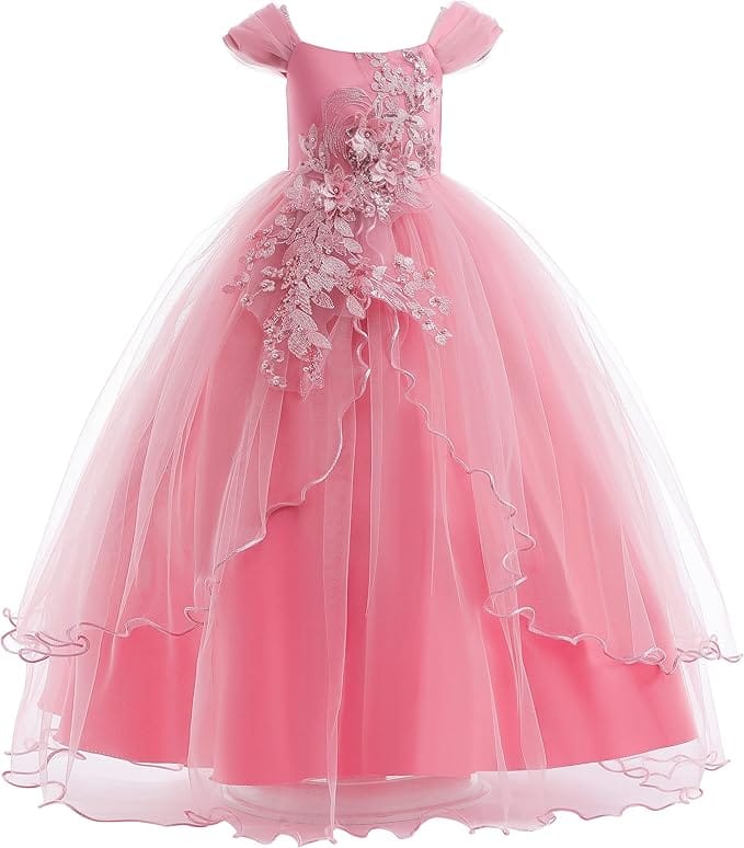 18m / Dusty Pink Sunnypetal Elegant Off-the-Shoulder Floral Appliqués Flower Girl Ball Gown