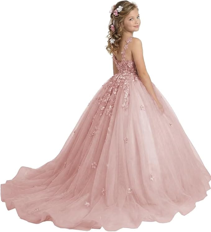 18m / Dusty Pink Sunnypetal Enchanted Blush Floral Lace Ball Gown Flower Girl Dress for Special Occasions