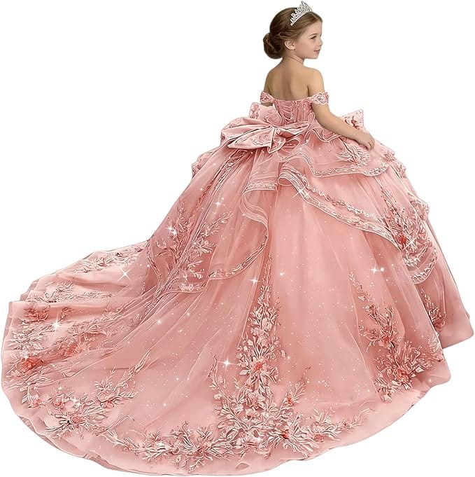 18m / Dusty Pink Sunnypetal Glitter Layered Tulle Off-Shoulder Girls Pageant Ball Gown with Dramatic Train &amp; Bow