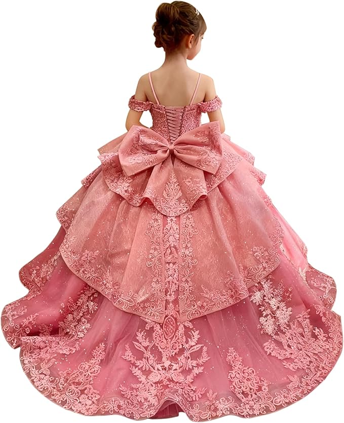 18m / Dusty Pink Sunnypetal Lace Appliqué Layered Tulle Ball Gown Flower Girl Pageant Dress with Bow