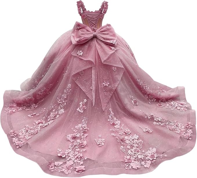 18m / Dusty Pink Sunnypetal Light Blue 3D Floral Appliqué Tulle Ball Gown Flower Girl Dress with Bow