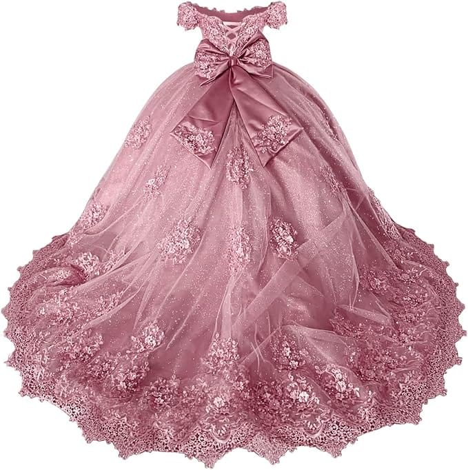 18m / Dusty Pink Sunnypetal Off-Shoulder Lace Appliqué Flower Girl &amp; Pageant Ball Gown with Bow