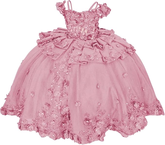18m / Dusty Pink Sunnypetal Royal Blue 3D Floral Lace-Up Tulle Ball Gown Flower Girl Dress with Bows