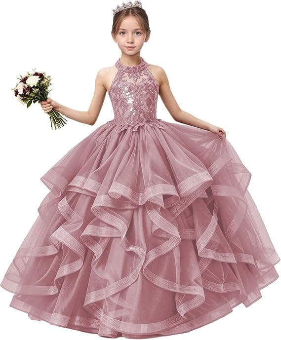 18m / Dusty Pink Sunnypetal Sequined Lace Appliqué Tiered Tulle Flower Girl Ball Gown with Halter Neck