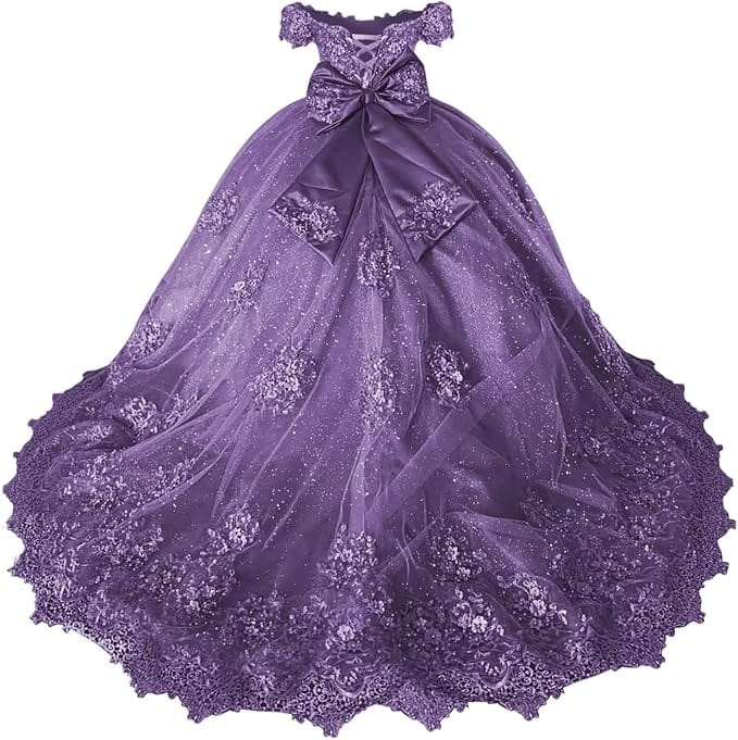 18m / Dusty Purple Sunnypetal Off-Shoulder Lace Appliqué Flower Girl &amp; Pageant Ball Gown with Bow