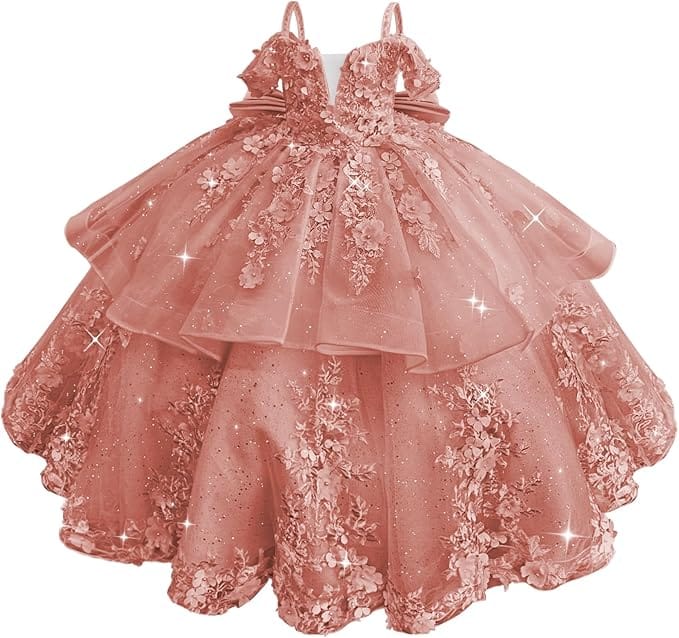 18m / Dusty Rose Sunnypetal Elegant Pink Off-the-Shoulder Tulle Flower Girl Dress with 3D Floral Appliqués