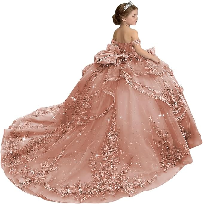 18m / Dusty Rose Sunnypetal Glitter Layered Tulle Off-Shoulder Girls Pageant Ball Gown with Dramatic Train &amp; Bow