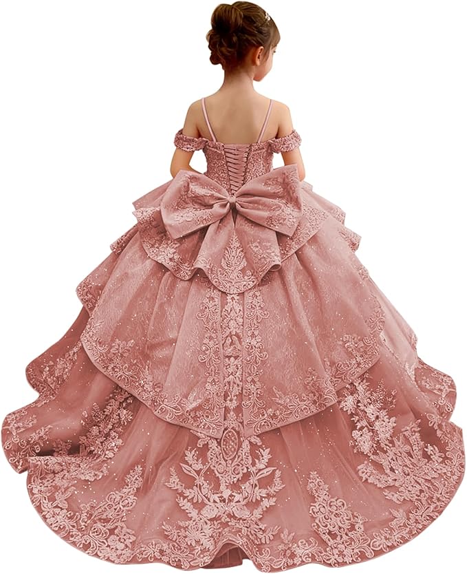 18m / Dusty Rose Sunnypetal Lace Appliqué Layered Tulle Ball Gown Flower Girl Pageant Dress with Bow
