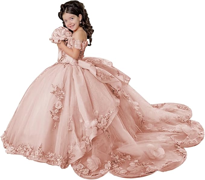 18m / Dusty Rose Sunnypetal Layered Tulle Off-Shoulder Flower Girl Pageant Dress with 3D Floral