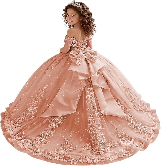 18m / Dusty Rose Sunnypetal Princess Off-the-Shoulder Lace Appliqué Tulle Ball Gown Flower Girl Dress with Bow