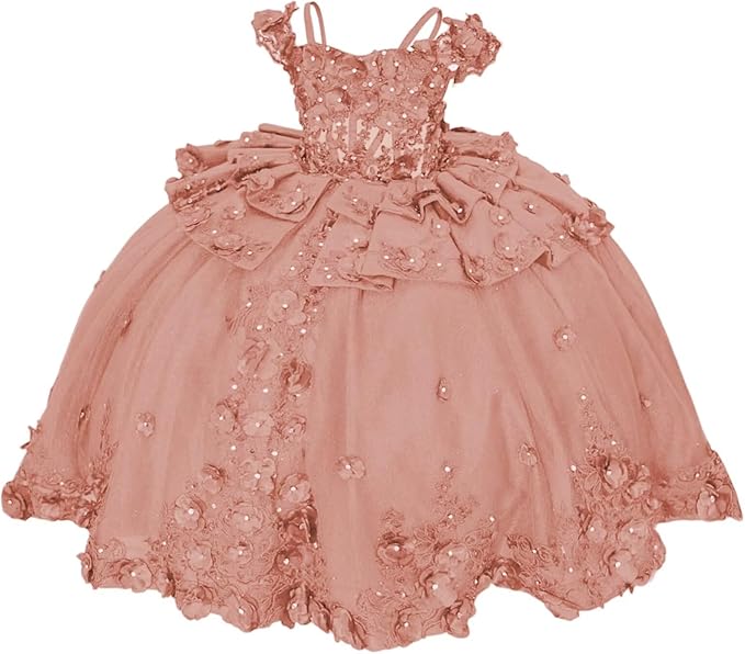 18m / Dusty Rose Sunnypetal Royal Blue 3D Floral Lace-Up Tulle Ball Gown Flower Girl Dress with Bows