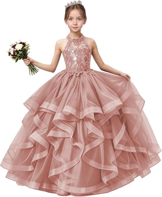 18m / Dusty Rose Sunnypetal Sequined Lace Appliqué Tiered Tulle Flower Girl Ball Gown with Halter Neck