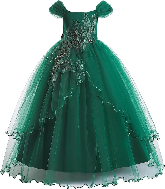 18m / Emerald Green Sunnypetal Elegant Off-the-Shoulder Floral Appliqués Flower Girl Ball Gown