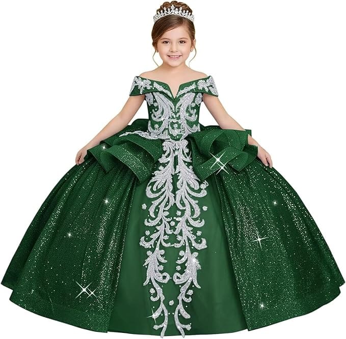 18m / Emerald Green Sunnypetal Off-the-Shoulder Glitter Princess Flower Girl Dress with Lace Appliqués