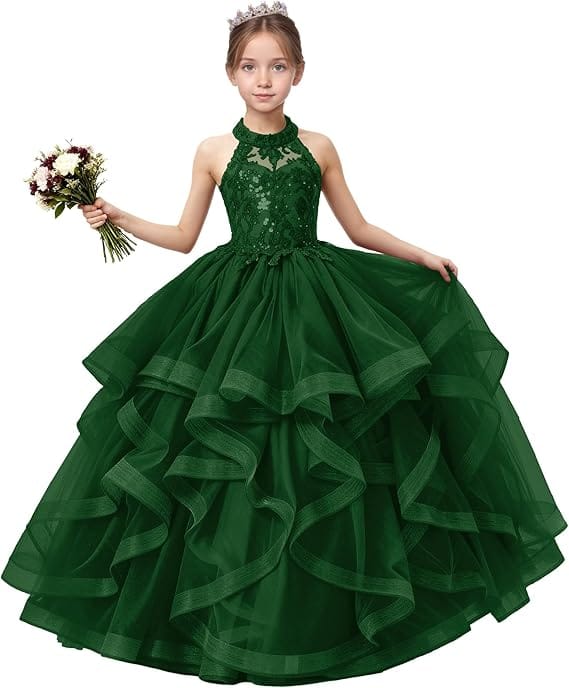18m / Emerald Green Sunnypetal Sequined Lace Appliqué Tiered Tulle Flower Girl Ball Gown with Halter Neck