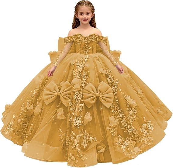 18m / Gold Sunnypetal 3D Floral Lace Appliqué Flower Girl Pageant Dress with Sleeves and Bow