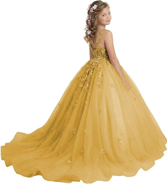 18m / Gold Sunnypetal Enchanted Blush Floral Lace Ball Gown Flower Girl Dress for Special Occasions