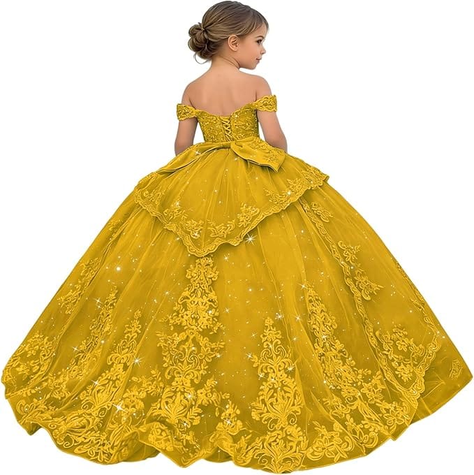 18m / Gold Sunnypetal Glitter Layered Tulle Ball Gown Flower Girl Dress with Lace Appliqué and Bow